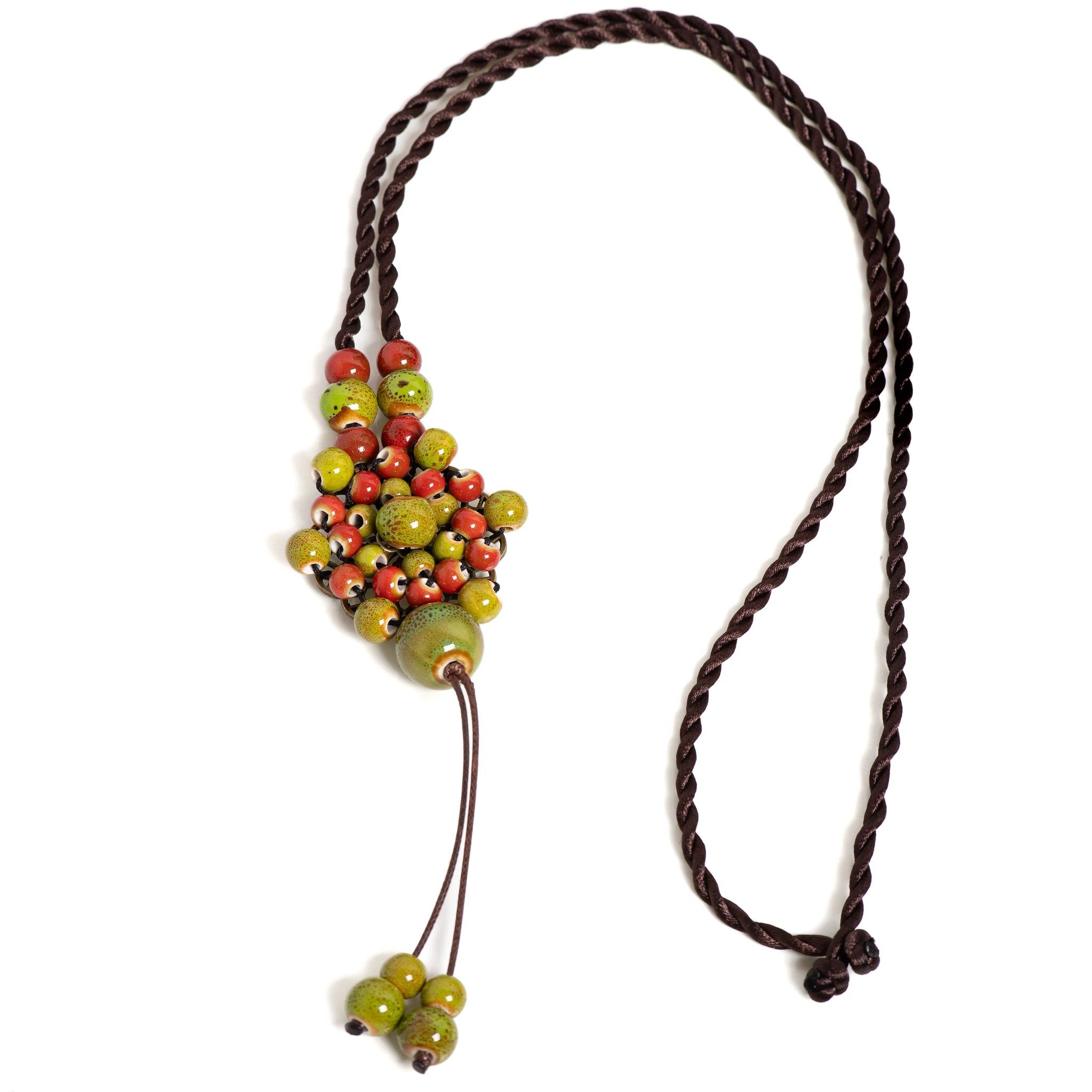Handmade Ceramic Necklace Green Apple Cluster Pendant Adjustable Bohemian Vintage Jewelry 1152