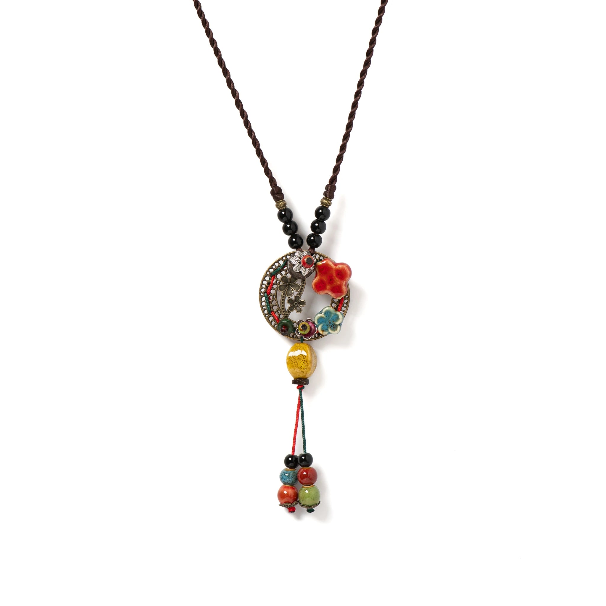 Handmade Flower Moon Pendant Necklace Vintage Ceramic Boho Style Adjustable Cord 1 Piece S001170