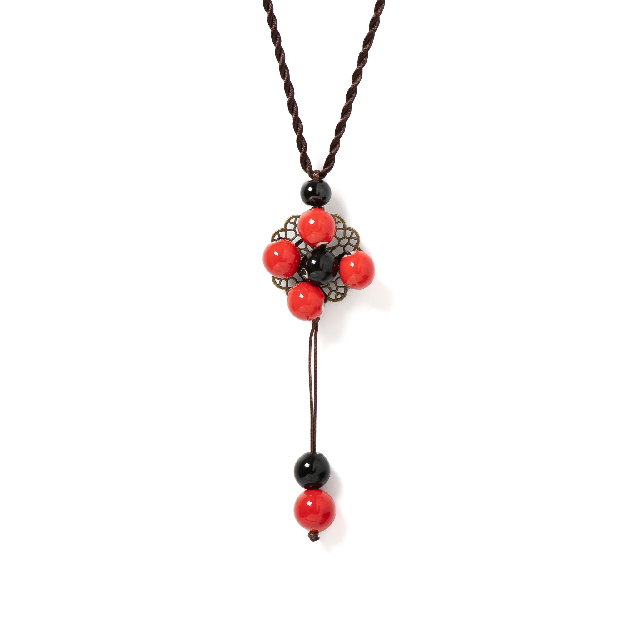 Handmade Black Red Beaded Ceramic Pendant Necklace Vintage Bohemian Style Adjustable Jewelry Unique Handmade Design 1174